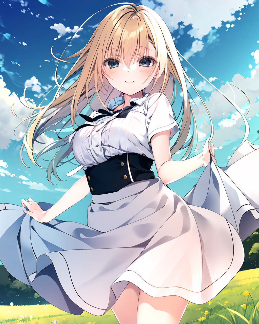 02820-2349361807-masterpiece, best quality, 1girl, solo, outdoors,blush, looking at viewer, smile,grass,bangs,sky, blue sky, cloud, medium breast.png